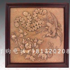 鳳凰牡丹壁畫(huà)圖，方形銅浮雕壁畫(huà)，鍛造浮雕壁畫(huà)