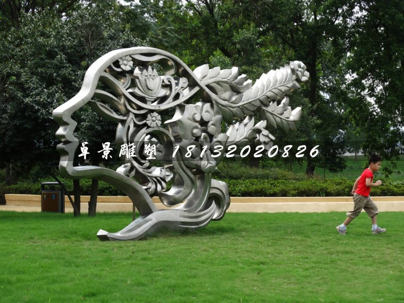 不銹鋼美女頭像雕塑，公園景觀雕塑 (1)