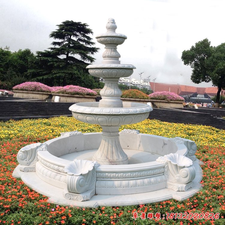 漢白玉三層噴泉石雕，公園歐式噴泉石雕[1]